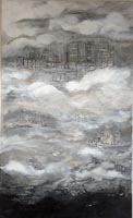 Black and white painting of a city surrounded by clouds