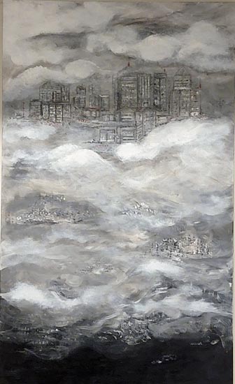 Black and white painting of city with mist and clouds surrounding it 