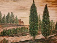 two trees in foreground, house in distance