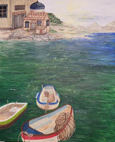Three boats on the water with a building in the background