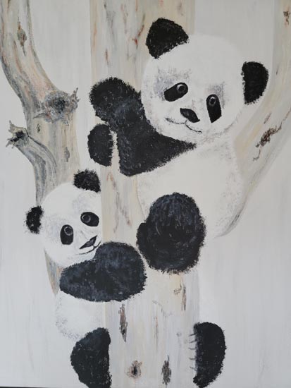 Black and white painting of two pandas in a tree