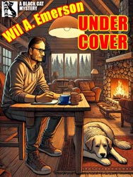 Book cover with man at desk and dog in front of fireplace