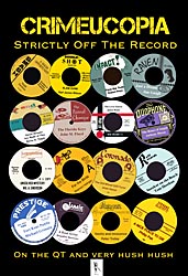 Rows of vinyl records labels, each with an author and story on them.